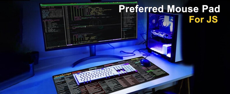 May include: A computer setup with a monitor displaying code, a keyboard, and a mouse on a mousepad. The mousepad has a JavaScript theme with code snippets and the text "JavaScript". The text "Preferred Mouse Pad For JS" is also visible.