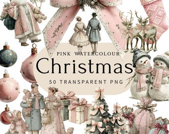 May include: A selection of pink and green watercolour Christmas illustrations. The image features baubles, Father Christmas, snowmen, reindeer, Christmas trees, gift boxes, and a large pink bow. The text "Pink Watercolour Christmas" is also visible.