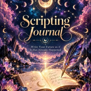 May include: A Cosmic 6 Scripting Journal with a celestial cover featuring moons, stars, and a galaxy. The open book displays the text 'Aligned, Grateful, Manifested, It Is Done' with a quill pen, surrounded by purple flowers and crystals.
