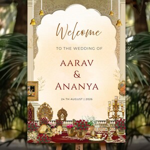 May include: A wedding welcome sign on an easel. The sign features the word "Welcome" in elegant script, followed by the names "Aarav & Ananya" and the date "24th August | 2026". The design includes floral and ornate gold accents.