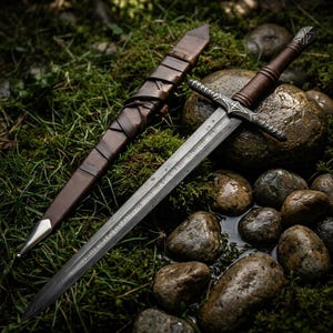 May include: A steel sword with a dark, etched blade featuring runic inscriptions, a cross-shaped guard with silver-toned detailing, and a brown leather-wrapped handle. Beside it lies a matching brown leather scabbard with a silver-toned metal tip.