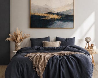 Modern Boho Duvet Cover – Textured Soft Cotton Bedding Set (Dark Blue)