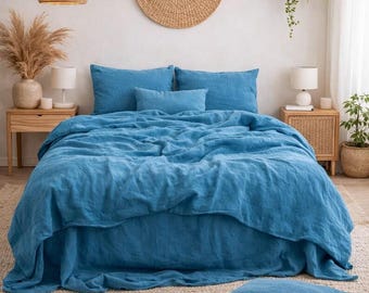 Dekbedovertrekset van linnen in turquoiseblauw - 3-delige set van stonewashed katoen - Zachte donkerturquoise dekbedovertrek met kussenslopen - Boho slaapkamerdecoratie