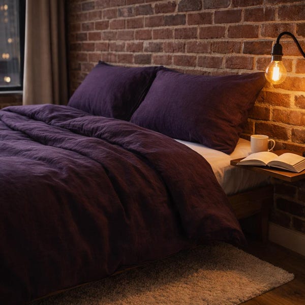 Juego de funda nórdica de lino de lujo (Queen/King/Grande) - Lino lavado suave de primera calidad - Funda de edredón color morado ciruela intenso - Tamaño EE. UU.