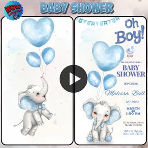 Redigerbar elefantbabyshowervideoinbjudan, Oh Boy blå ballonginbjudan, MP4, animerad video