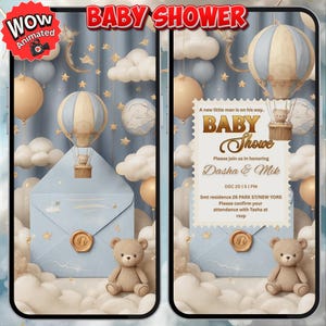 Może przedstawiać: Zaproszenie na baby shower z niebieską kopertą, misiem i balonami na ogrzane powietrze. Zaproszenie zawiera tekst "Baby Shower" oraz szczegóły baby shower Dasha & Mik.