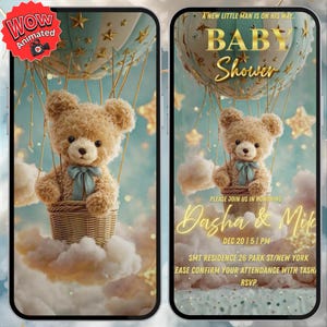 May include: A baby shower invitation featuring a teddy bear in a hot air balloon. The design includes a light blue and gold color scheme, with the text "Baby Shower" and event details. The invitation is animated.