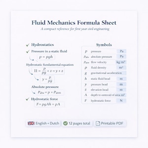 May include: A white formula sheet for fluid mechanics, with text and equations. The title reads "Fluid Mechanics Formula Sheet". Includes formulas for hydrostatics, absolute pressure, and hydrostatic force. The sheet is a compact reference for first-year civil engineering.