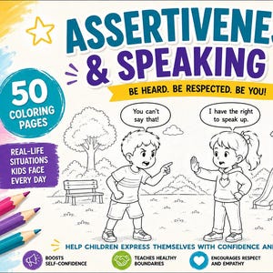 May include: A coloring book cover titled Assertiveness & Speaking Up featuring a black and white line art illustration of two children on a playground. The cover includes text, colorful pencil accents, and icons highlighting 50 coloring pages.