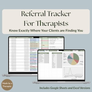 May include: Two laptops displaying a referral tracker for therapists. The screen shows data tables and charts, including referral sources and conversion rates. Text on the screen reads "Referral Tracker For Therapists" and "Know Exactly Where Your Clients are Finding You."