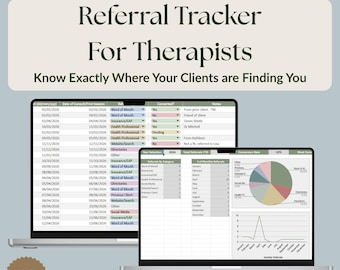 May include: Two laptops displaying a referral tracker for therapists. The screen shows data tables and charts, including referral sources and conversion rates. Text on the screen reads "Referral Tracker For Therapists" and "Know Exactly Where Your Clients are Finding You."