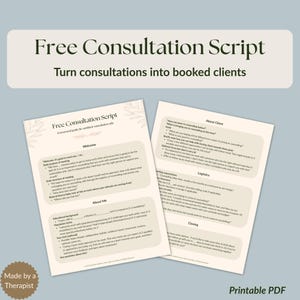 Puede incluir: PDF imprimible de dos páginas titulado "Free Consultation Script" con texto en fuente serif. El guion está diseñado para ayudar a convertir las consultas en clientes reservados. Las páginas tienen un fondo beige claro con detalles florales.