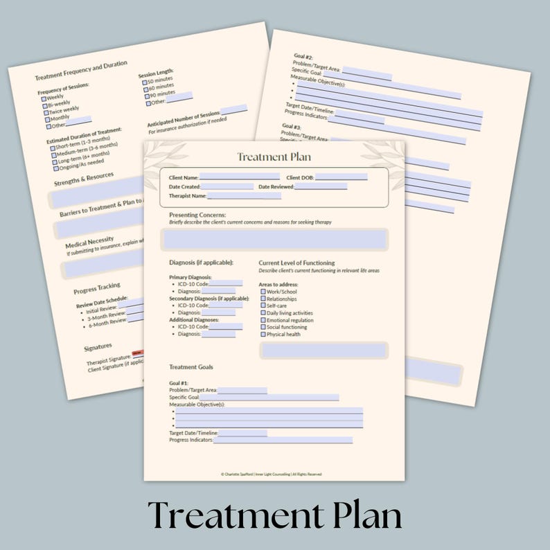 Treatment Plan Template for Therapists | Fillable PDF | Counseling ...