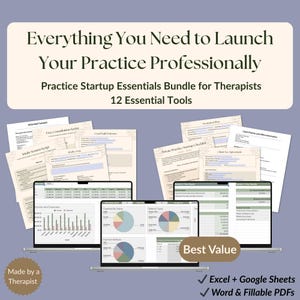 Può includere: Un pacchetto di strumenti digitali per terapisti, tra cui modelli Excel e Google Sheets e PDF compilabili. L'immagine mostra laptop che visualizzano grafici e documenti, con il testo "Everything You Need to Launch Your Practice Professionally."