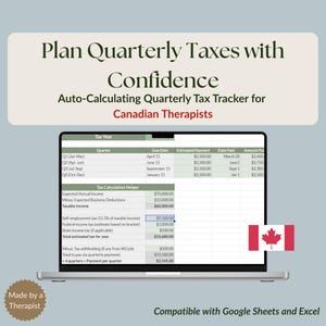 Può includere: Uno schermo di un laptop mostra un tracker fiscale trimestrale per i terapisti canadesi. Lo schermo mostra i calcoli fiscali, le scadenze e gli importi dei pagamenti. La bandiera canadese è visibile. Il testo recita "Pianifica le tasse trimestrali con fiducia."