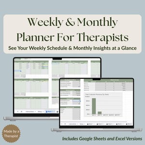 Könnte beinhalten: Zwei Laptops zeigen einen Wochen- und Monatsplaner für Therapeuten. Der Text auf dem Bildschirm zeigt einen Zeitplan und Einblicke. Das Bild enthält den Text "Weekly & Monthly Planner For Therapists" und "Includes Google Sheets and Excel Versions."
