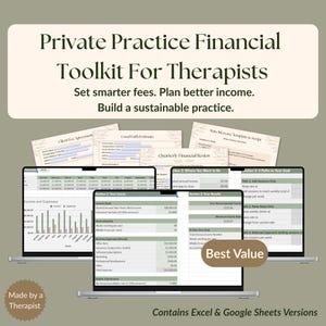May include: A digital financial toolkit for therapists, shown on laptops. The image includes spreadsheets, financial forms, and the text "Private Practice Financial Toolkit For Therapists". The toolkit helps therapists set fees and plan income.