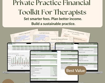 Zestaw narzędzi finansowych dla terapeutów prowadzących prywatną praktykę | Ustalanie opłat, budżetu i celu dochodowego | Arkusze kalkulacyjne Excel