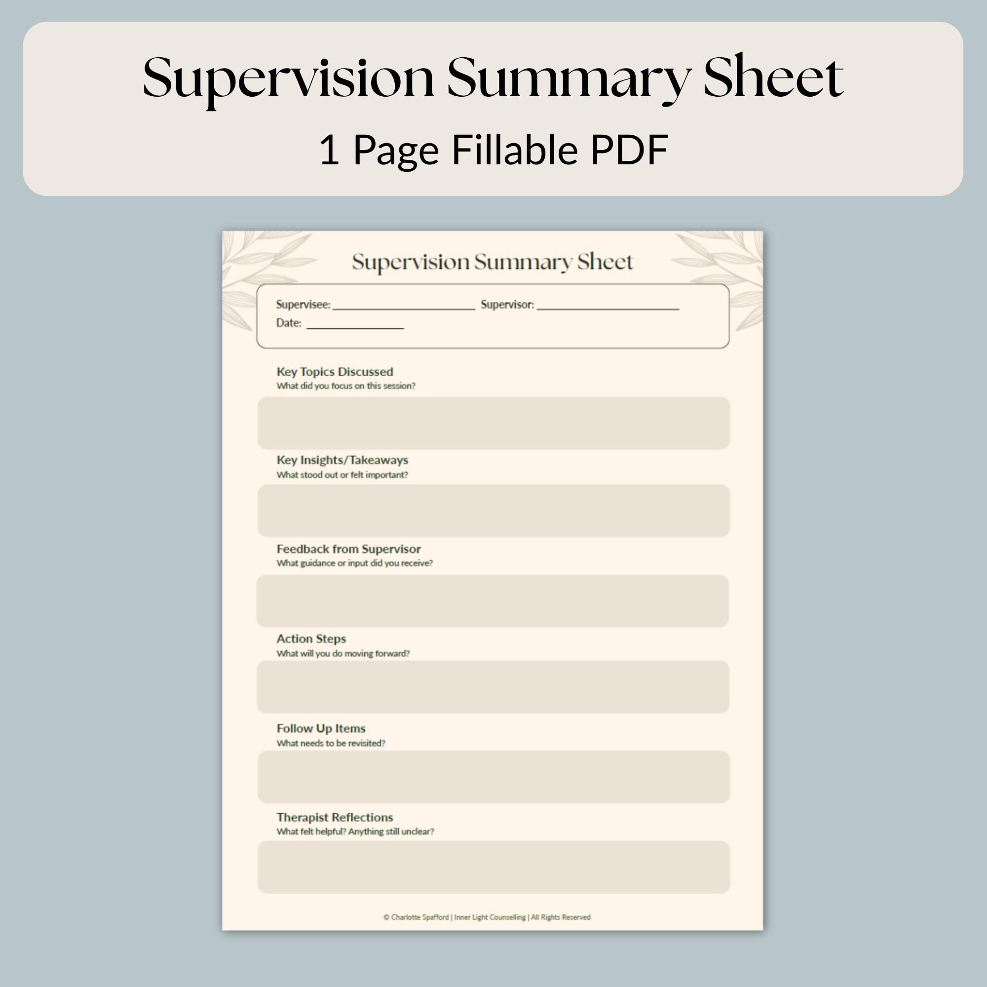 Supervision Notes Template for Therapists | Supervision Summary Sheet ...
