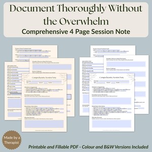 Puede incluir: Notas de sesión en PDF imprimibles, con un diseño en azul claro y blanco. El texto incluye "Comprehensive Session Note" y "Document Thoroughly Without the Overwhelm". Diseñadas para terapeutas, incluyen versiones en color y blanco y negro.