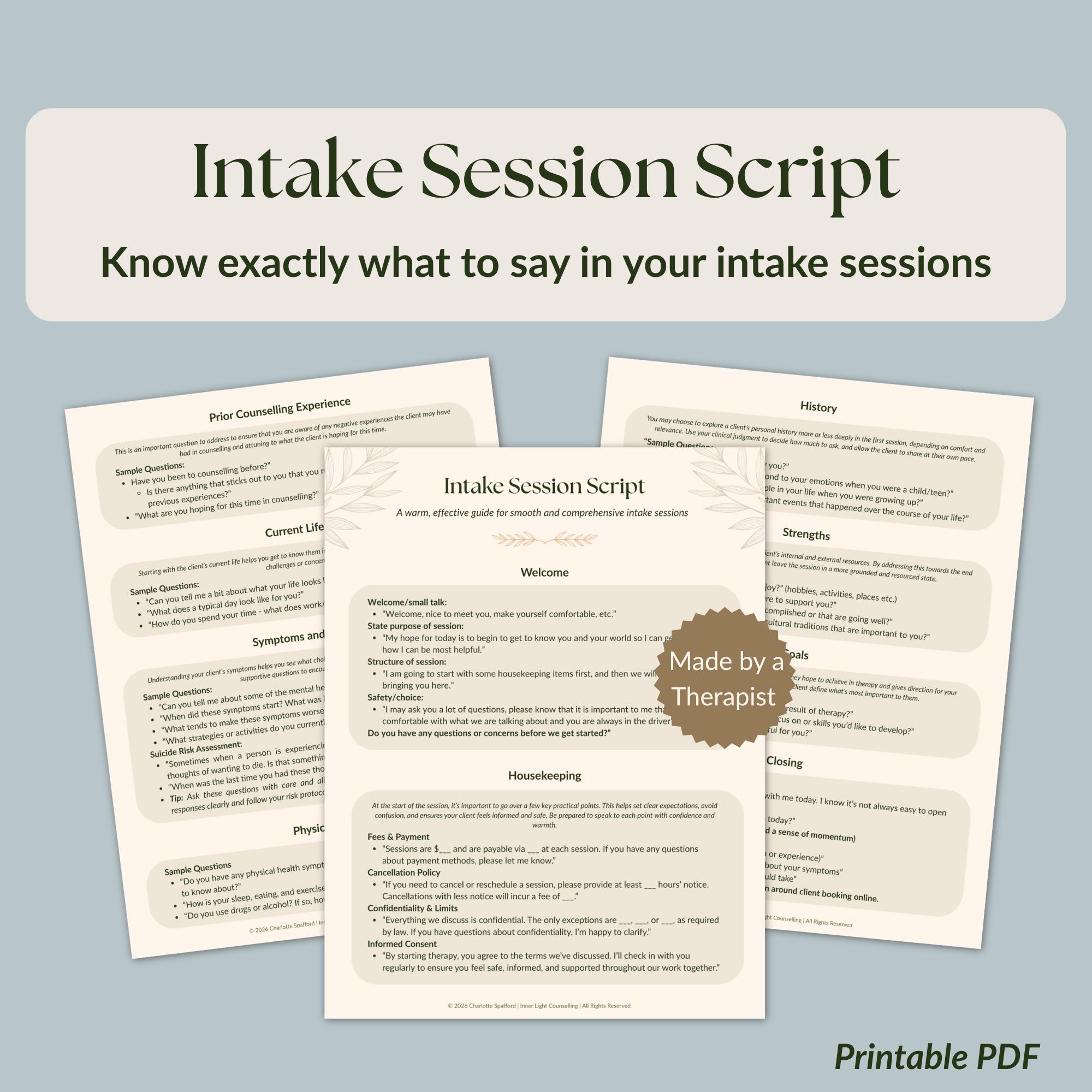 Intake Session Script for Therapists | First Session Template | Private ...