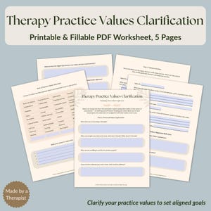 May include: A collection of printable and fillable PDF worksheets titled "Therapy Practice Values Clarification." The worksheets, with a light beige background, include prompts for self-reflection and goal setting. Text on the worksheets includes "Personal Values Exploration" and "Values Alignment Reflection."