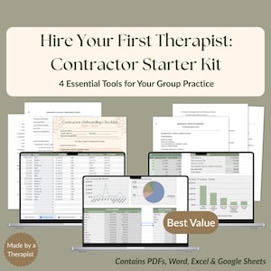 Op de afbeelding: Een afbeelding die een "Contractor Starter Kit" voor therapeuten promoot. De afbeelding toont laptops met spreadsheets en documenten, met de tekst "Hire Your First Therapist" en "4 Essential Tools for Your Group Practice". De kit bevat PDF's, Word, Excel en Google Sheets.