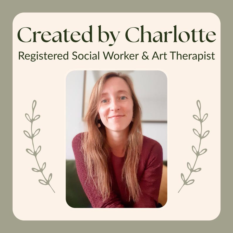 May include: A portrait of a woman with long, light brown hair wearing a maroon shirt. The text "Created by Charlotte" is at the top, with "Registered Social Worker & Art Therapist" below. The image has a light green border with leaf accents.