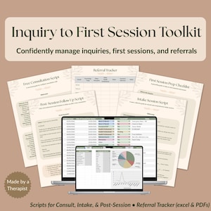 Może przedstawiać: Zestaw narzędzi zatytułowany "Inquiry to First Session Toolkit" z hasłem "Zarządzaj pewnie zapytaniami, pierwszymi sesjami i poleceniami". Zawiera skrypty, narzędzie do śledzenia poleceń i listy kontrolne.