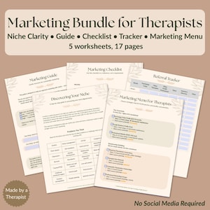 Pode incluir: Um conjunto de folhas de trabalho de marketing para terapeutas, incluindo um guia, uma lista de verificação, um rastreador e um menu de marketing. As folhas de trabalho são bege com texto preto e detalhes florais. O texto inclui "Marketing Bundle for Therapists".