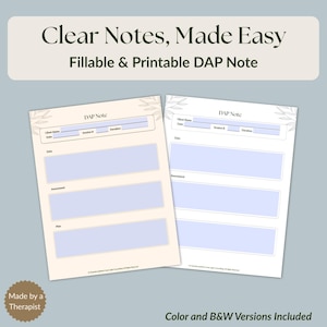 Puede incluir: Dos plantillas de notas DAP rellenables e imprimibles. Las notas son de color beige claro con secciones azules para la información del cliente, la fecha, la evaluación y el plan. El texto "Clear Notes, Made Easy" y "Fillable & Printable DAP Note" está en la parte superior.