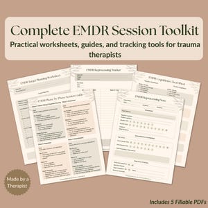 May include: A Complete EMDR Session Toolkit with practical worksheets, guides, and tracking tools for trauma therapists. The beige-toned set includes five fillable PDFs. Text on the image includes "EMDR Target Planning Worksheet" and "EMDR Reprocessing Tracker".