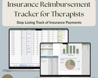 Może przedstawiać: Dwa laptopy wyświetlające arkusz kalkulacyjny do śledzenia zwrotów kosztów ubezpieczenia. Tekst na ekranie brzmi "Insurance Reimbursement Tracker for Therapists" i "Stop Losing Track of Insurance Payments". Obraz zawiera również tekst "Made by a Therapist" i "Includes Google Sheets and Excel Versions."