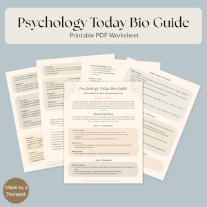 May include: A printable PDF worksheet titled "Psychology Today Bio Guide." The guide includes sections on tone, sentence examples, and words to avoid. The text is in black and green on a light blue background. The words "Made by a Therapist" are at the bottom.