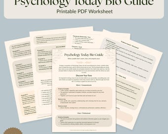 May include: A printable PDF worksheet titled "Psychology Today Bio Guide." The guide includes sections on tone, sentence examples, and words to avoid. The text is in black and green on a light blue background. The words "Made by a Therapist" are at the bottom.