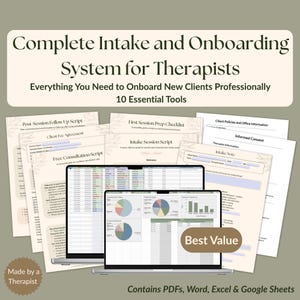 May include: A complete intake and onboarding system for therapists. The image shows a laptop displaying spreadsheets, surrounded by various documents including scripts, checklists, and agreements. The text includes "Best Value" and "Made by a Therapist."