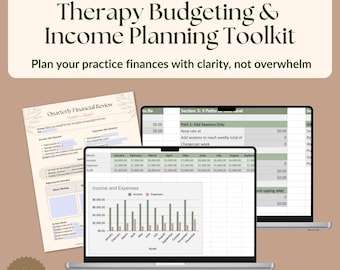Zestaw narzędzi do budżetowania i planowania dla terapeuty | Arkusze kalkulacyjne dotyczące finansów w prywatnej praktyce | Cele dochodowe, miesięczny budżet, kwartalne podsumowanie
