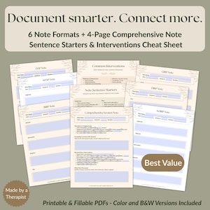 Könnte beinhalten: Eine Sammlung druckbarer und ausfüllbarer PDF-Notizformate, darunter DAP, SOAP, BIRP und mehr. Das Bild zeigt auch eine umfassende Sitzungsnotiz, Satzanfänge und Interventions-Cheat-Sheets. Der Text lautet: Dokumentieren Sie intelligenter. Verbinden Sie sich mehr.