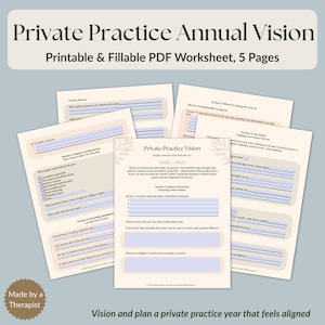 Può includere: Un set di cinque fogli di lavoro PDF stampabili e compilabili intitolati "Private Practice Annual Vision". I fogli di lavoro hanno uno sfondo beige chiaro con testo e suggerimenti in un carattere verde scuro. Il testo include "Made by a Therapist".