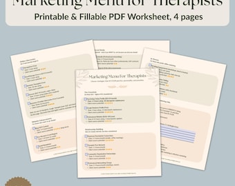 May include: A printable and fillable PDF worksheet titled "Marketing Menu for Therapists." The document is designed for therapists and includes four pages. The text "Choose your marketing. Skip the overwhelm" is also visible.