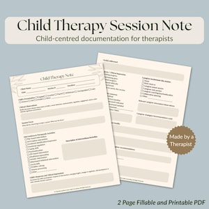 Può includere: Un modulo di note per sedute di terapia infantile di due pagine con sfondo color crema e testo scuro. Il documento include campi per il nome del cliente, i dettagli della seduta, le osservazioni cliniche, il focus e le attività.