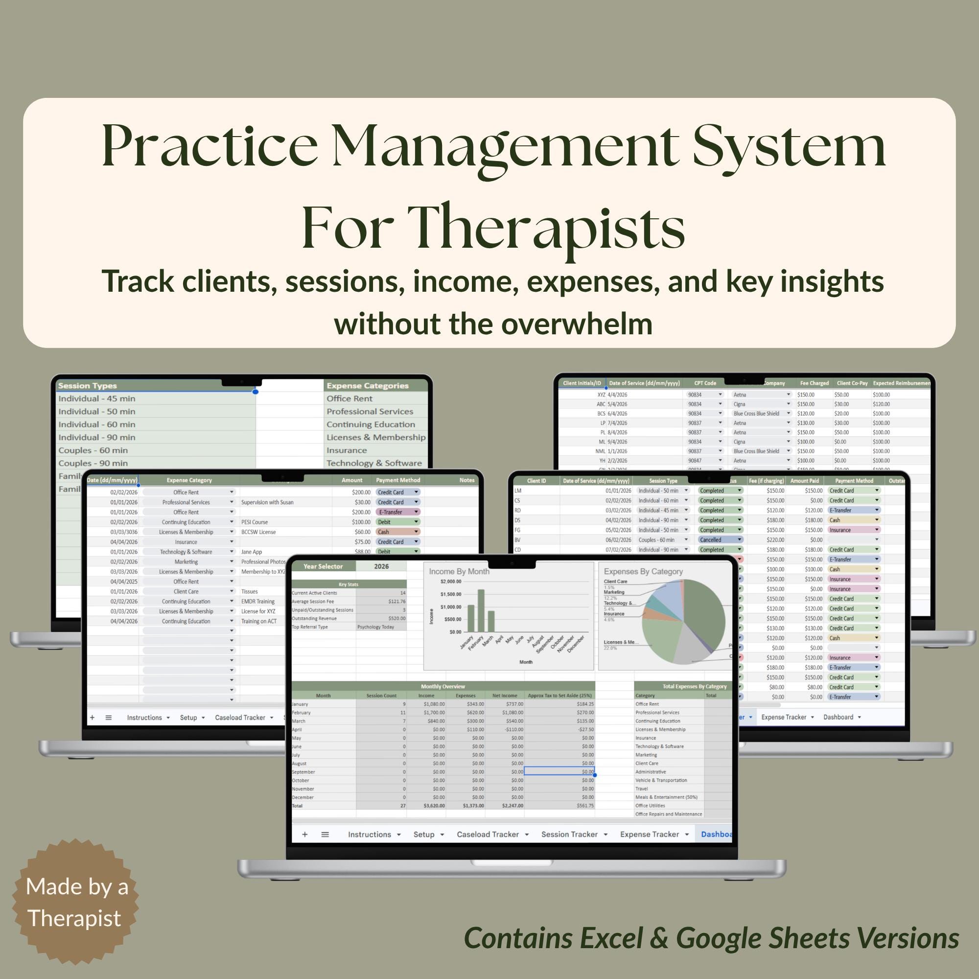 Therapist Practice Management Spreadsheet | Client & Session Tracker ...