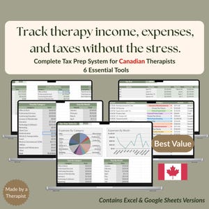 Canadian Tax Bundle for Therapists | Private Practice Income, Expense, Mileage Trackers | Google Sheets & Excel