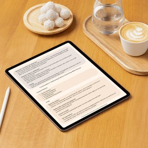 May include: A digital tablet displaying text about therapy, with a stylus, a glass of water, and a latte with latte art. A wooden tray holds the tablet and a small plate of white coconut candies.