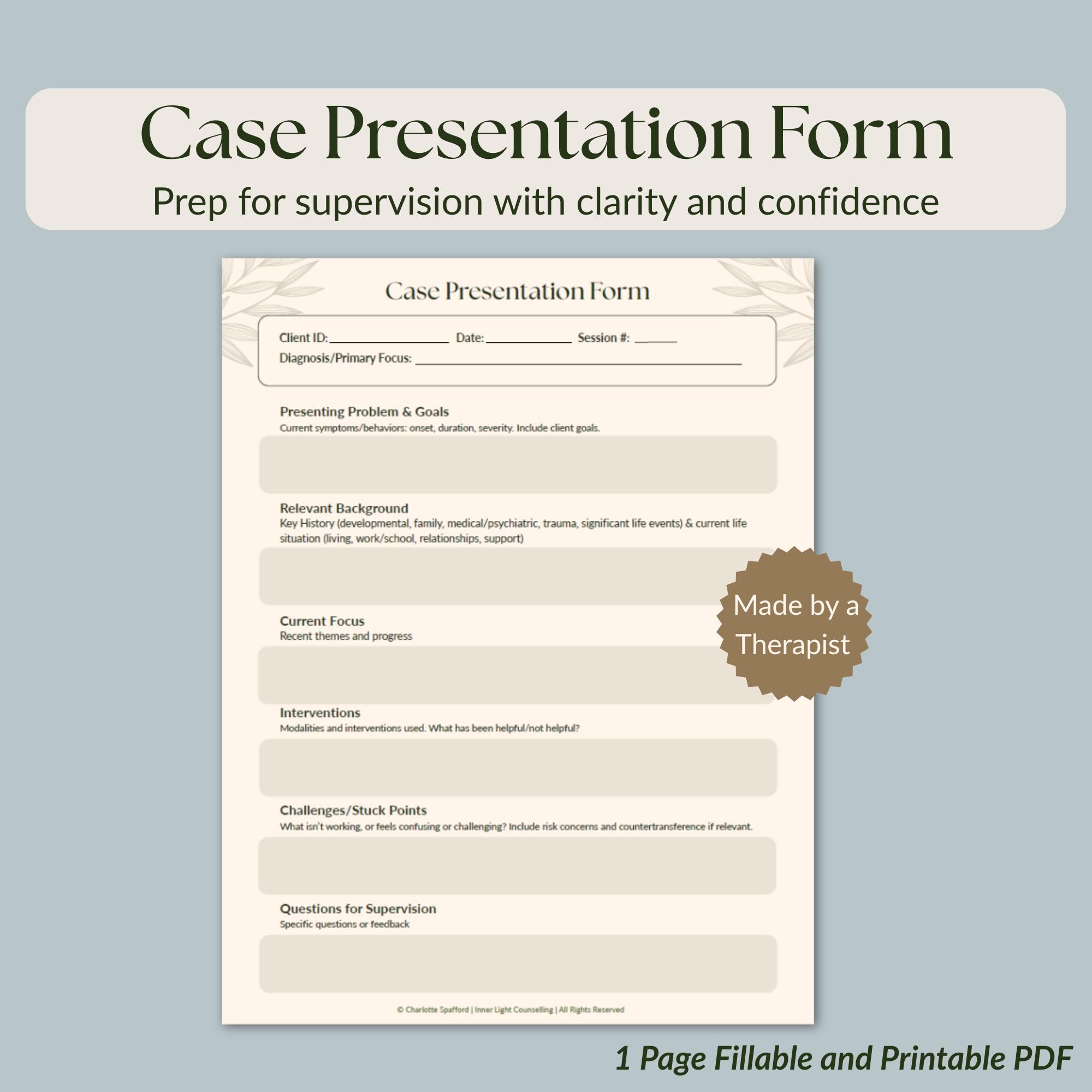 Case Presentation Template for Therapists | Supervision Prep Form ...