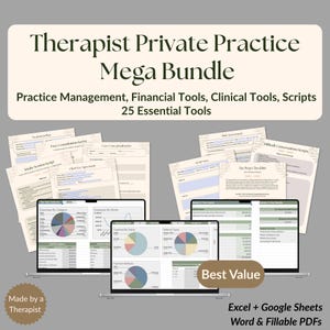 Könnte beinhalten: Ein digitales und druckbares Mega-Bundle für die private Therapiepraxis mit 25 essenziellen Werkzeugen für Praxismanagement, Finanzen, klinische Arbeit und Skripte. Enthält Excel, Google Sheets, Word und ausfüllbare PDF-Formate.