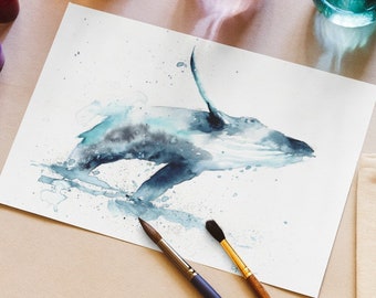 Whale Painting, Watercolor Painting, Whale Print, Whale and Boat, Whale Art, Whale Nursery, Humpback Whale