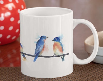 Bluebirds Coffee Cup, Watercolor Art, Mug, Drinkware, Bird Love Gift, Bluebirds on wire, blue bird, bird mug, cute bird mug, Baby Bird