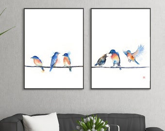 Blue Bird Watercolor print, Set of Two Bird print Set, Bird On A Wire, Blue Bird Print, Songbird Watercolor, Song Bird Print, Bird Decor,
