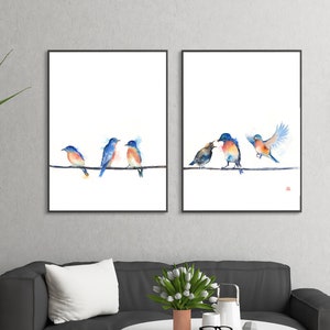 Blue Bird Watercolor print, Set of Two Bird print Set, Bird On A Wire, Blue Bird Print, Songbird Watercolor, Song Bird Print, Bird Decor,